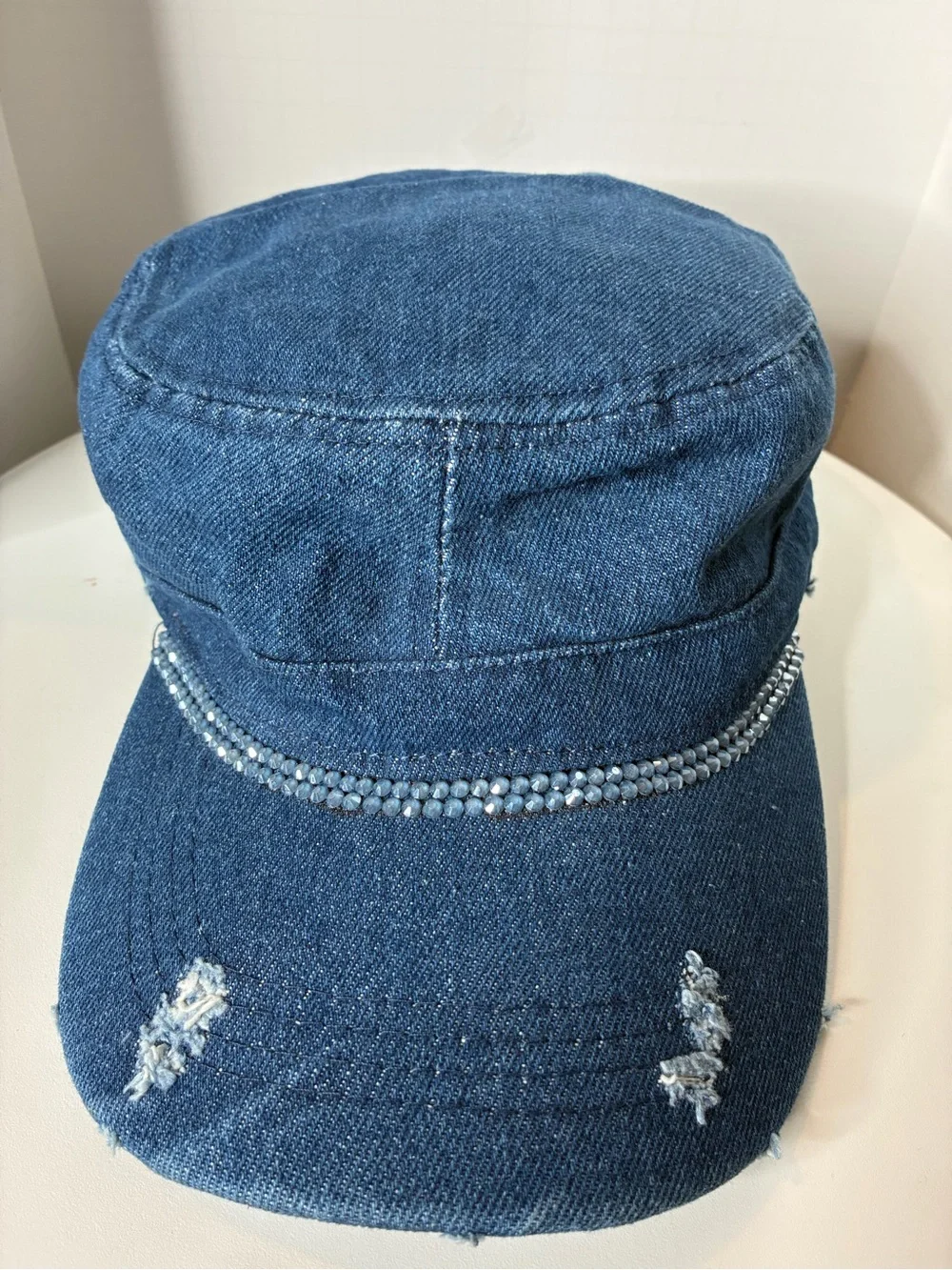 Denim Blue Women's Cadet Cap with Rhinestone Trim